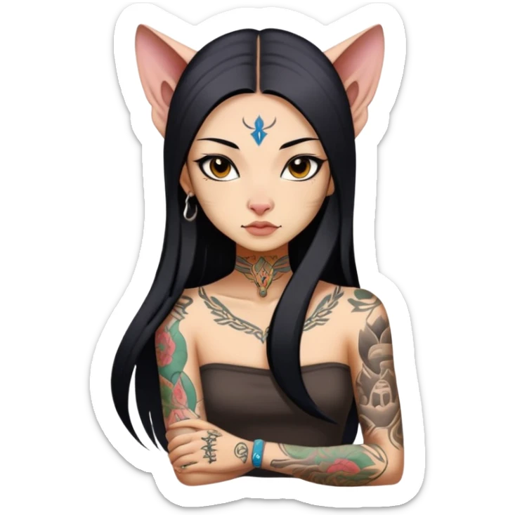 a Chinese girl with long black  straight hair and tattoos and Sphynx sticker