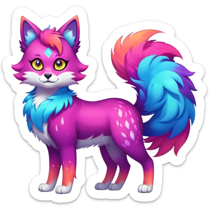 Vibrant multicolored neon-colored Falvie-Fionbri-creature-sparkle-feline-canine-hybrid-fursona, full body sticker