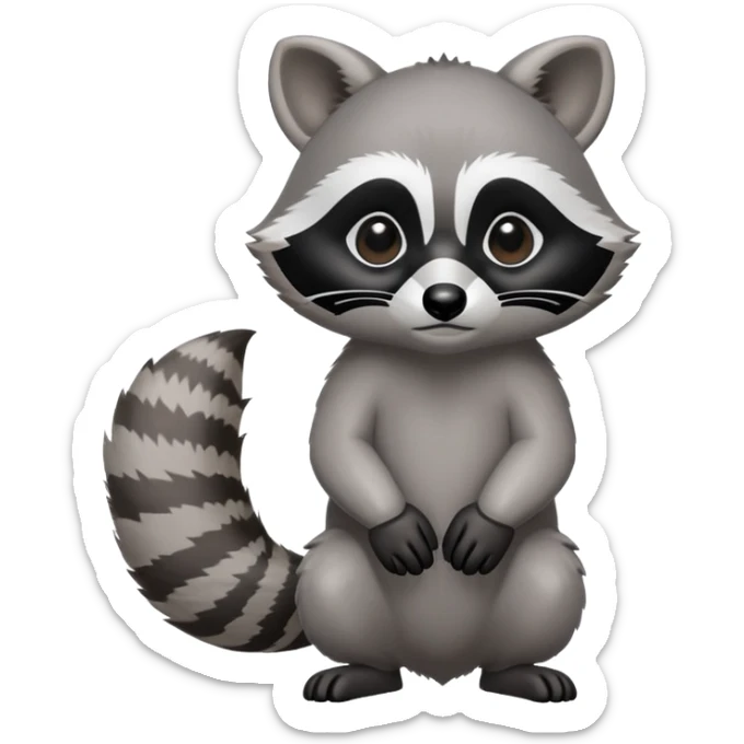 Cinematic-cute Raccoon-Realistic-hunched Full-Body on all fours-Emoji – Tail flicking lazily, head tilted dramatically, thick grey fur with a signature black mask, sharp and alert ears, simplified yet realistic focused features, highly detailed, glowing with an almost sarcastic glow big black eyes realistic body sticker