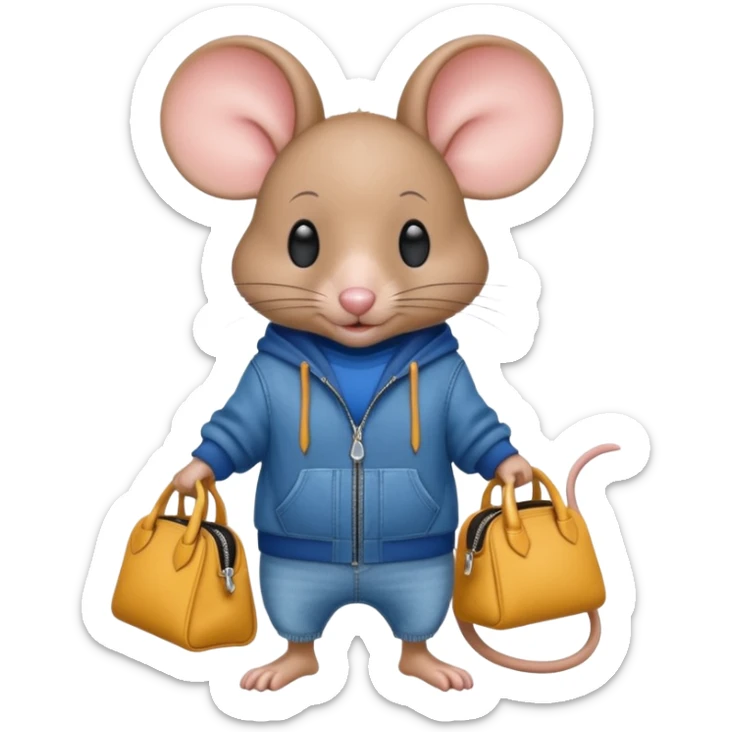 A fashionable mouse in wide jeans and a zip hoodie with a Balenciaga bag sticker