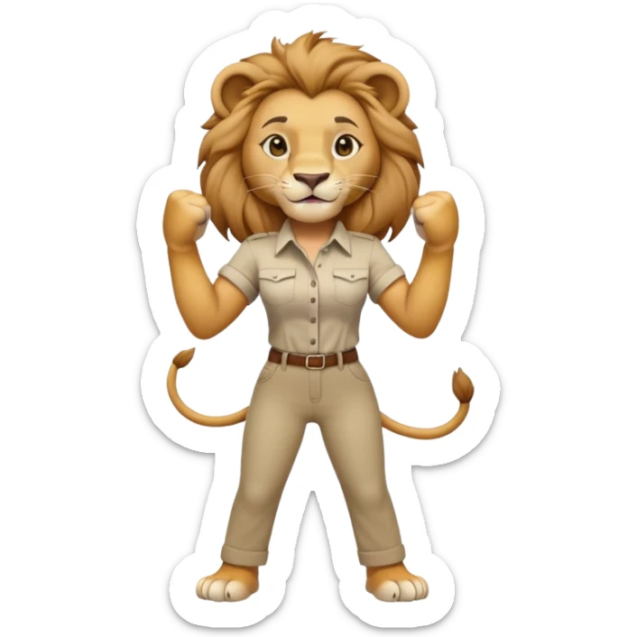 friendly anthropomorphised female lion in a shirt and pants doing a fist pump sticker