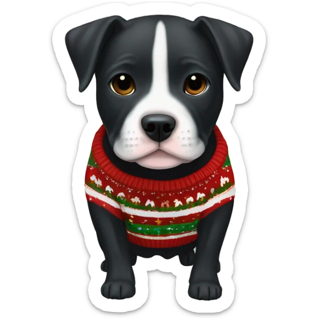 Little Staffordshire bullterrier black puppy in cute Christmas sweater sticker