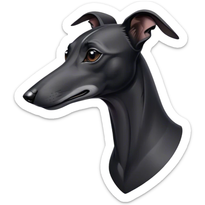 Cinematic Noble Black Greyhound Portrait Emoji, Poised and regal, with a lean, graceful build and a sleek, jet-black Fur, deep-set soulful dark eyes, Simplified yet sharp and sophisticated features, highly detailed, glowing with a soft, dignified glow, high shine, intelligent and swift, stylized with an air of elegance, focused and attentive, soft glowing outline, capturing the essence of a watchful and commanding racer, so majestic it feels as though it could sprint out of the screen with effortless authority! sticker
