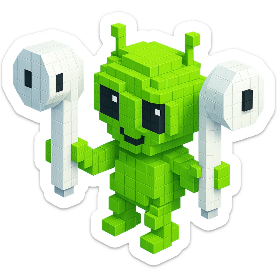 white EarPods headphones with a playful twist, floating in space, with a cartoonish alien holding them sticker