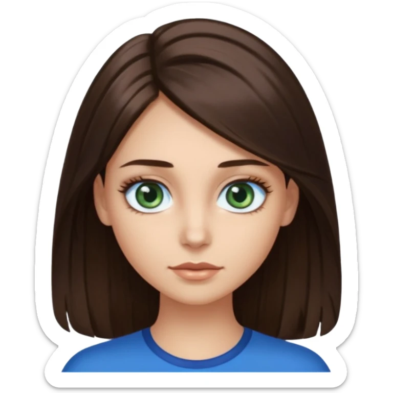 long dark brown hair with highlights in the front, big blue eyes clear skin with neck and green top on add long eyelashes sticker