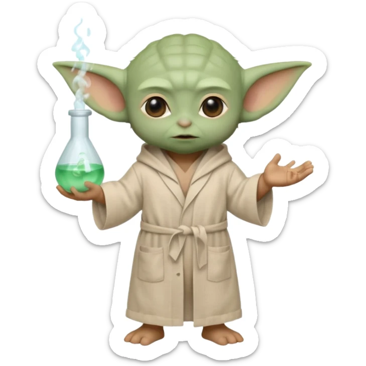 A full-body Baby Yoda figure in his light brown linen robes, dressed as a scientist. Place a white lab coat over his robes, and make sure his skin tone is olive or seafoam green, with slightly pinkish tones on his ears sticker