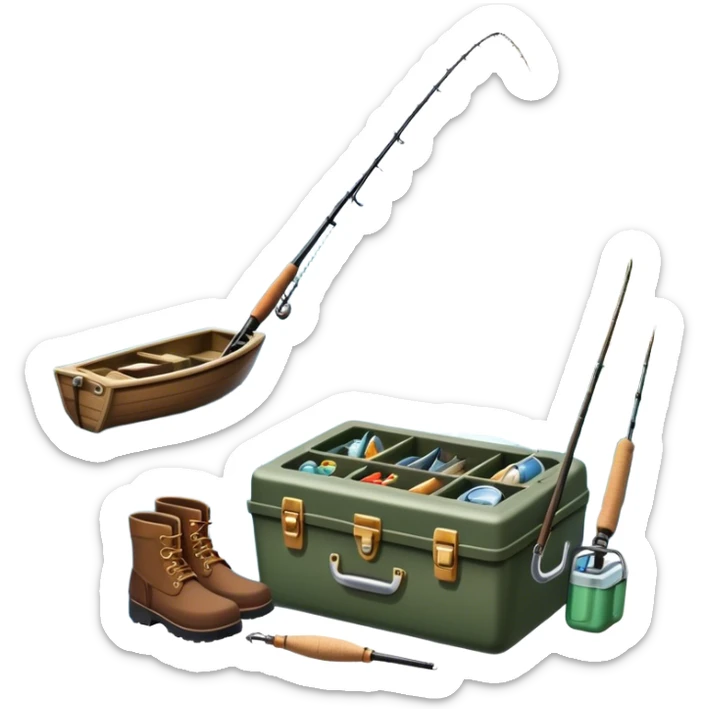 Icon for Fishing: a boat on the shore of a peaceful water body with a beautiful natural landscape, a fishing tackle box, a spinning rod, and boots nearby. The icon should capture the tranquility and gear of a fishing adventure. Without frame. Transparent background. sticker