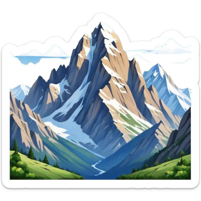 Cinematic Realistic Mountain Emoji, Majestic and towering, with craggy, snow-capped peaks rising sharply against a deep blue sky. The rugged terrain is dotted with rocky outcrops and patches of greenery, with clouds swirling around the higher reaches. Soft glowing outline, capturing the essence of ancient strength and natural beauty in a towering mountain! sticker