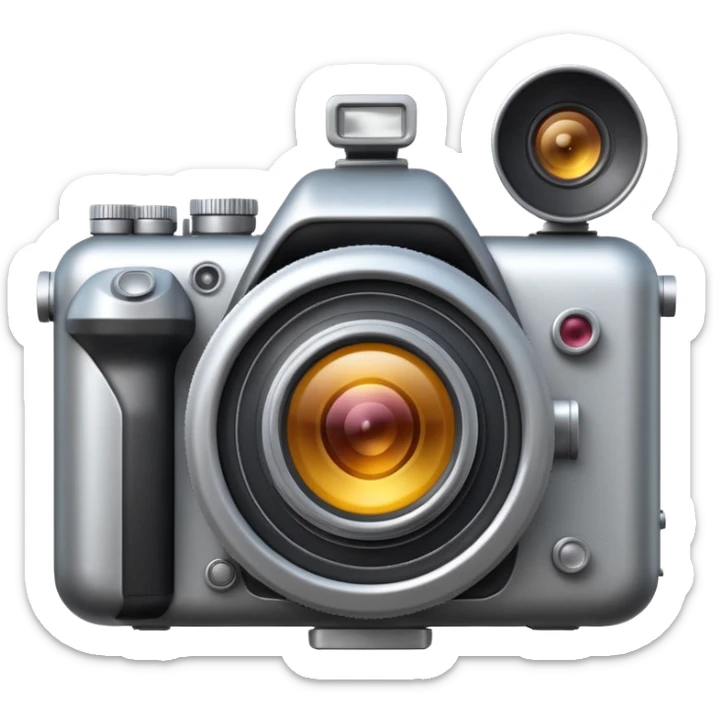Minimal emoji icon of a huge cinematic metalic camera, front view, realistic lens, no gold sticker