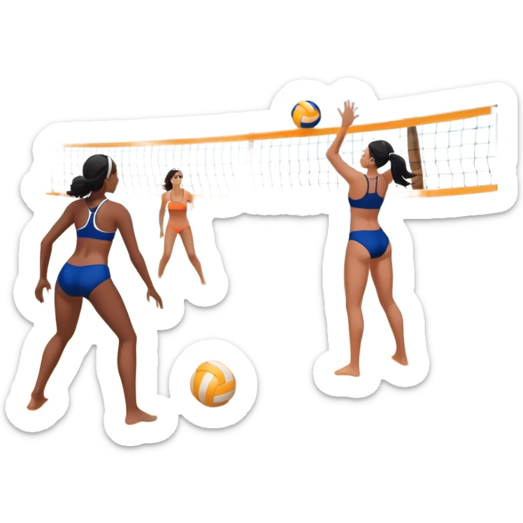 A volleyball resting on the orange sand of a beach, with a volleyball net in the background. The scene includes a beautiful beach landscape with blue sea, sky, and palm trees, while a couple of women in swimsuits play in the distance, capturing the relaxed yet competitive vibe of beach volleyball. sticker