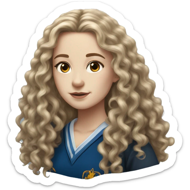 Hyper realistic White girl with long curly hair wearing a ravenclaw school inform sticker