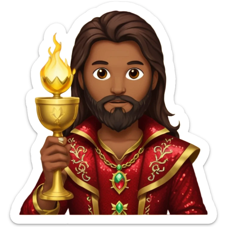 Samael, Poison of God from Gods and Goddesses with tan skin, long dark brown and beard, dark red sequin outfit sticker