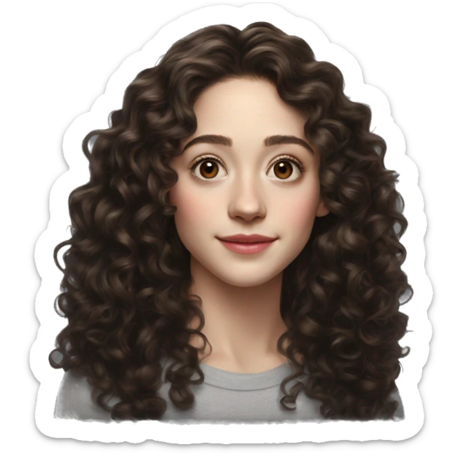 Emmy Rossum Teenager long dark brown curly hair, hyperreal photoreal portrait sticker
