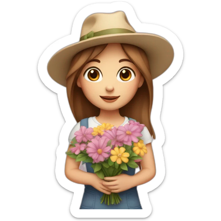 white skin, Girl with a hat, brown hair straight to the shoulders, holding a bouquet of flowers sticker