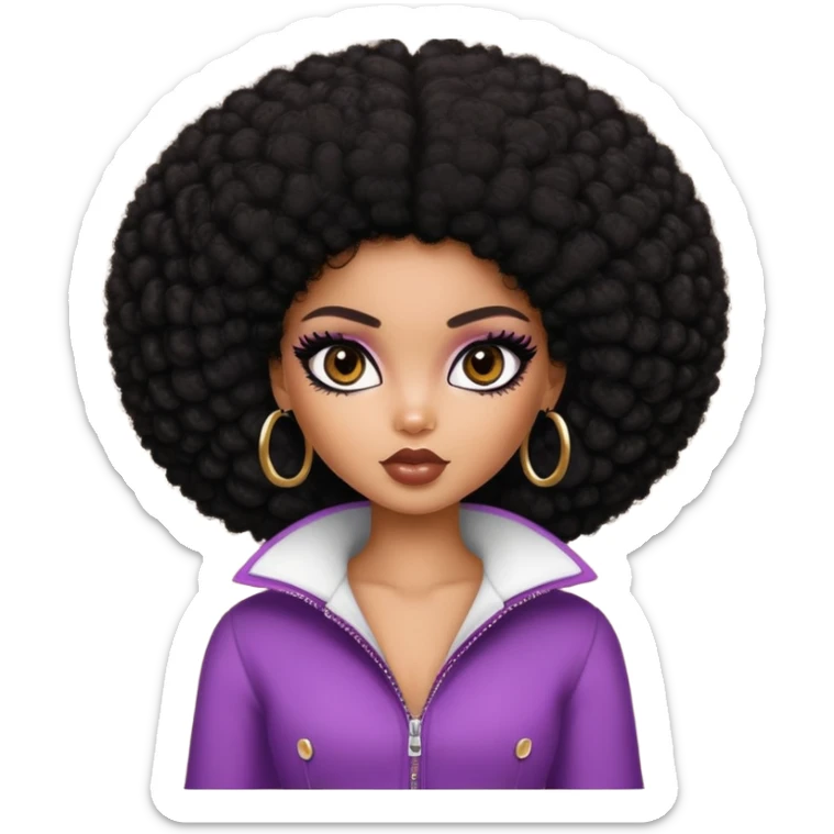 pretty bratz girl, dark black big afro, dark brown eyes, y2k fashion, black eyeliner, deep brown skin sticker