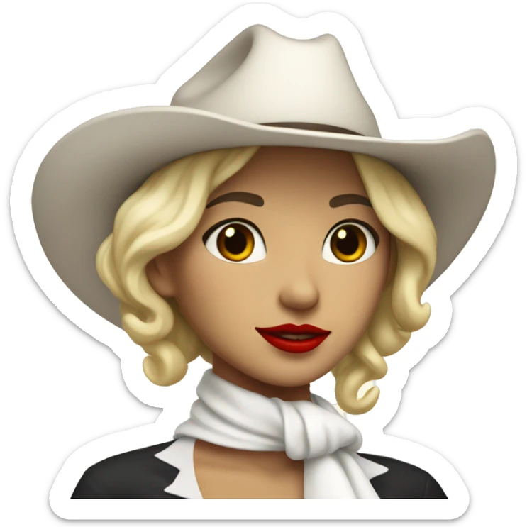 cowgirl with a white hat and white ASCOT scarf and blonde short hair with red lipstick sticker