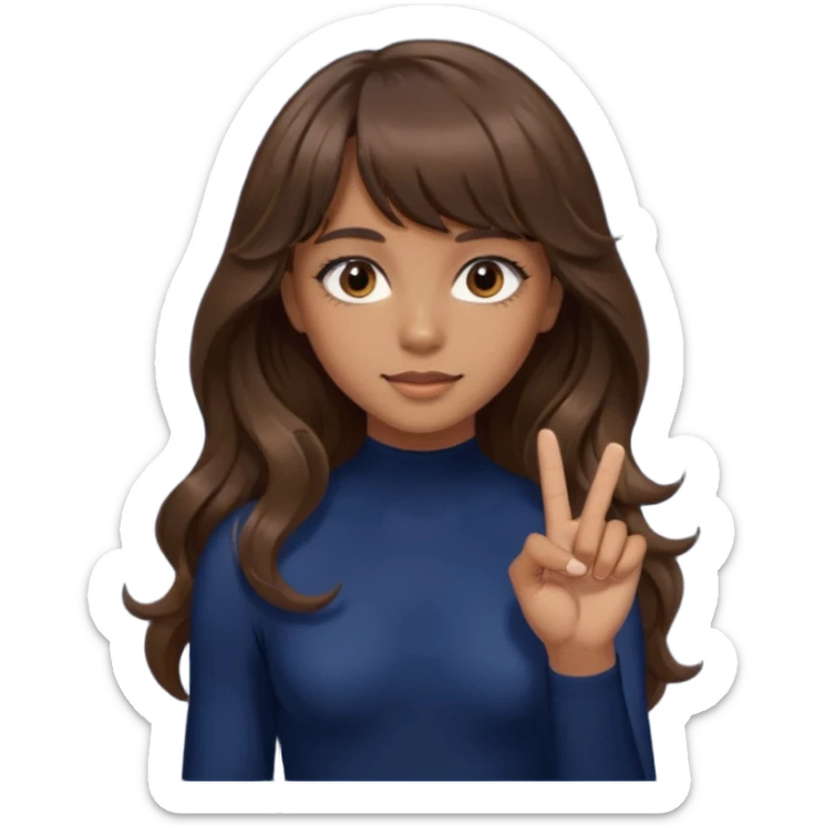 Uzun kahverengi dalgalı saçlı kahverengi gözlü esmer perçemli üzerinde lacivert parmak detaylı body olan bir kız yap saçları kabarık olmasın sticker