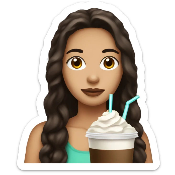 Girl with dark brown hair drink Frappuccino espresso with coconut milk, ice without cream sticker