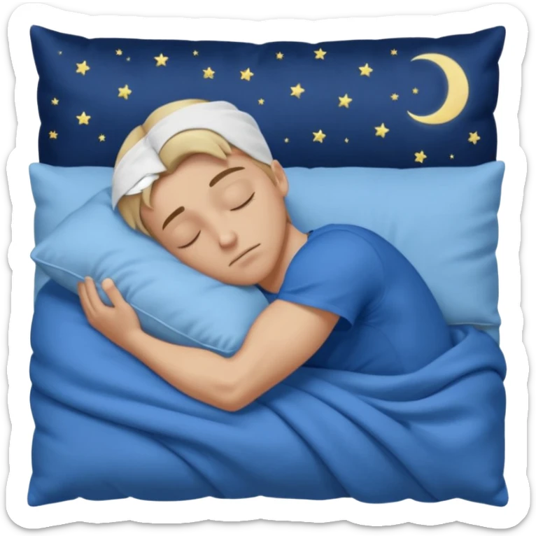 A young muscular male with short dark-blonde hair and medium-light skin, wearing blue cloth. He sleeps on his side, holding a soft white pillow, his head on a smooth blue pillow. A sleeping symbol floats above him in the dark, nighttime scene. A flowing blue blanket with silky folds covers him. sticker