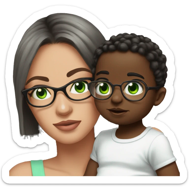 Black not that long straight hair with green eyes and glasses, big lips european girl holding one year old green eyes white baby son sticker
