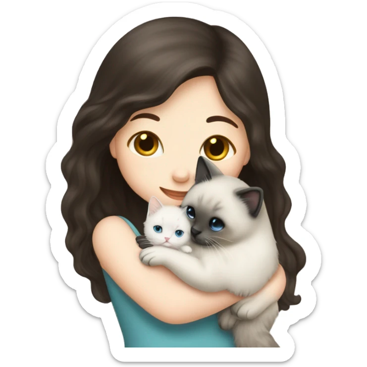 Dark-haired white girl hugging seal colorpoint ragdoll kitten sticker