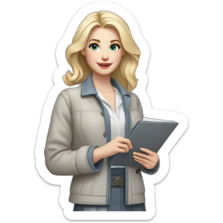 pale skin woman interior designer with cold blonde middle length hair, blue eyes, White blouse, Gray oversize jacket, Gray skirt holding a color palette in the hands sticker