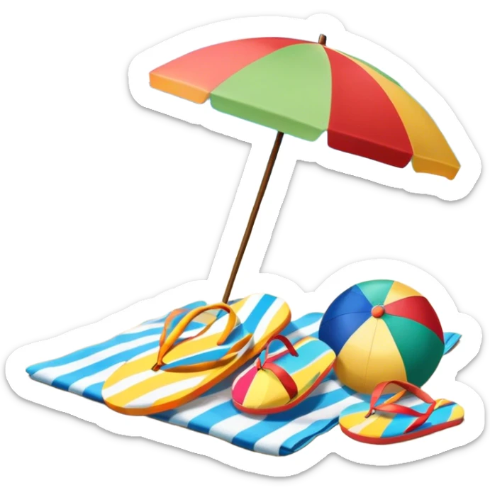 Icon for Beach Tourism: a sandy beach with a beach umbrella, with the ocean landscape in the background, flip-flops, a towel and a beach ball. The icon should capture the relaxation and fun of beach vacations. Transparent background. sticker