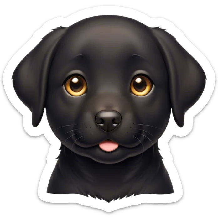 Cinematic Cute Black Labrador Portrait Emoji, Head tilted playfully and inquisitively, featuring a glossy black Fur with a healthy sheen, round, sparkling brown eyes filled with curiosity, Simplified yet irresistibly adorable features, highly detailed, glowing with a warm, friendly glow, high shine, affectionate and spirited, stylized with a touch of whimsy, bright and endearing, soft glowing outline, capturing the essence of a mischievous yet loving companion, so playful it feels like it could dash out of the screen and into your arms! sticker