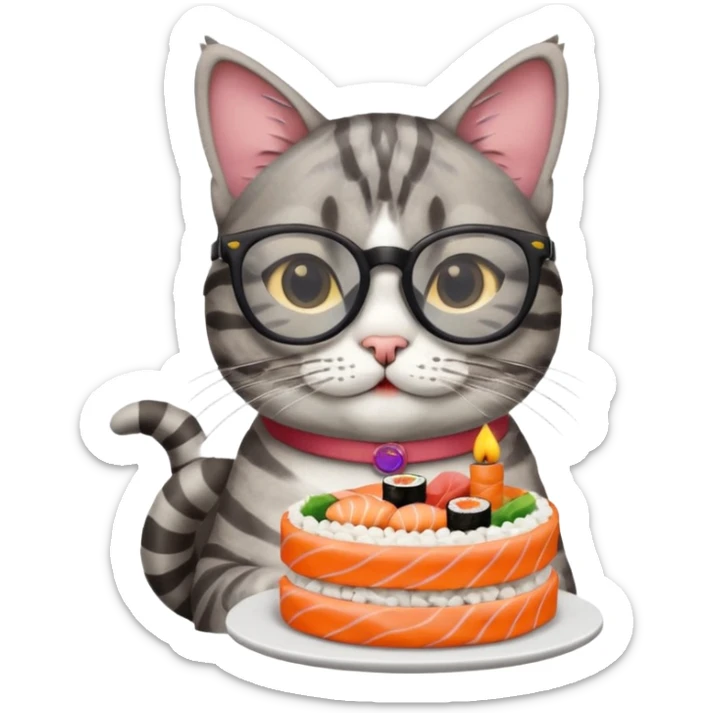 cat with cool glasses eating a birthday cake made out of sushi sticker