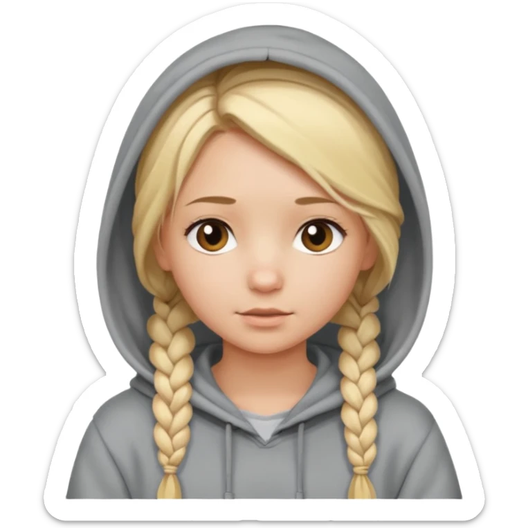 blonde braided girl with her head covered in a sweatshirt and hood sticker