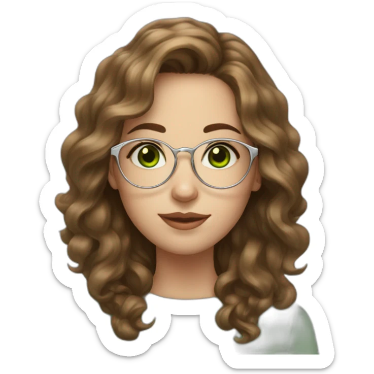 Pale young woman, brown wavy hair, green eyes, big silver sight glasses, big nose. sticker