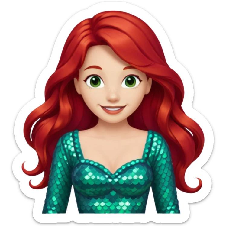 Ariel from Disney Princess with long red hair, sea green sequin outfit sticker