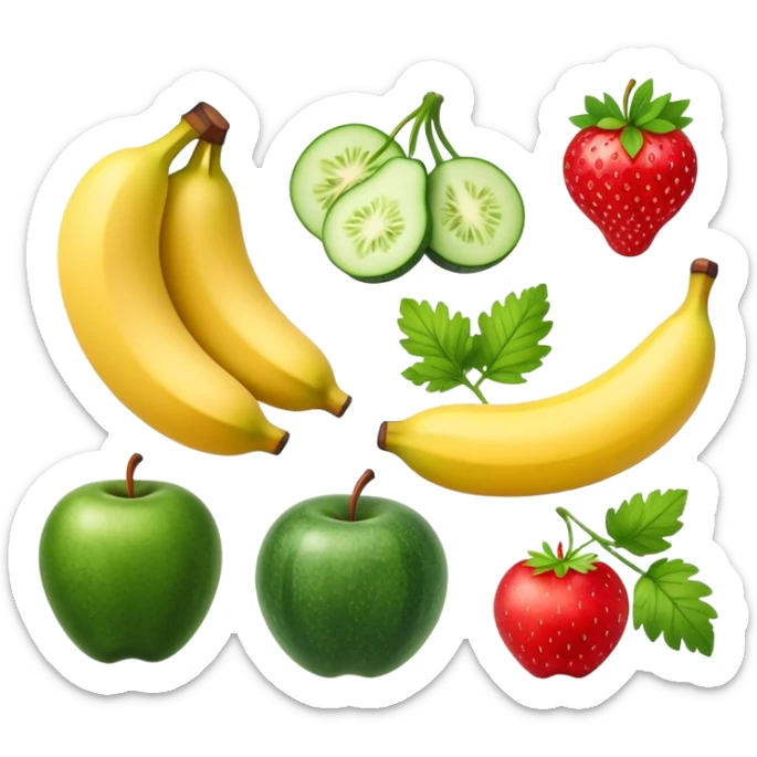 Group of fruits: banana, pear, cucumber, strawberry, red apple and parsley. Apple emojis style. sticker