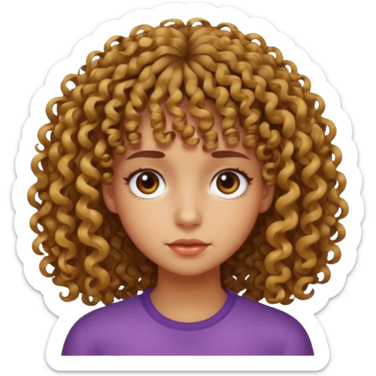 Fais un emoji d une fille avec les cheveux bouclés et une frange bouclés tordu mal faite la fille doit etre un peu mate de peau sticker