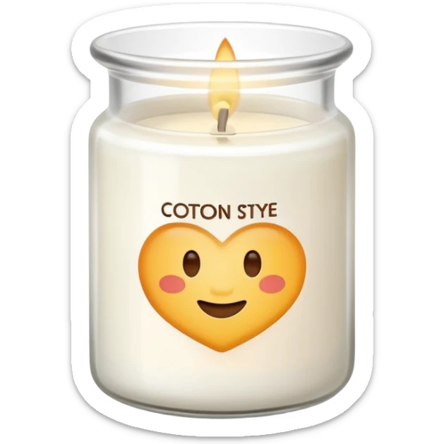 minimal flat emoji of a white scented candle in a glossy white glass jar with the label “cotton”, soft warm glow, clean vector style, elegant and modern, transparent background lux style sticker