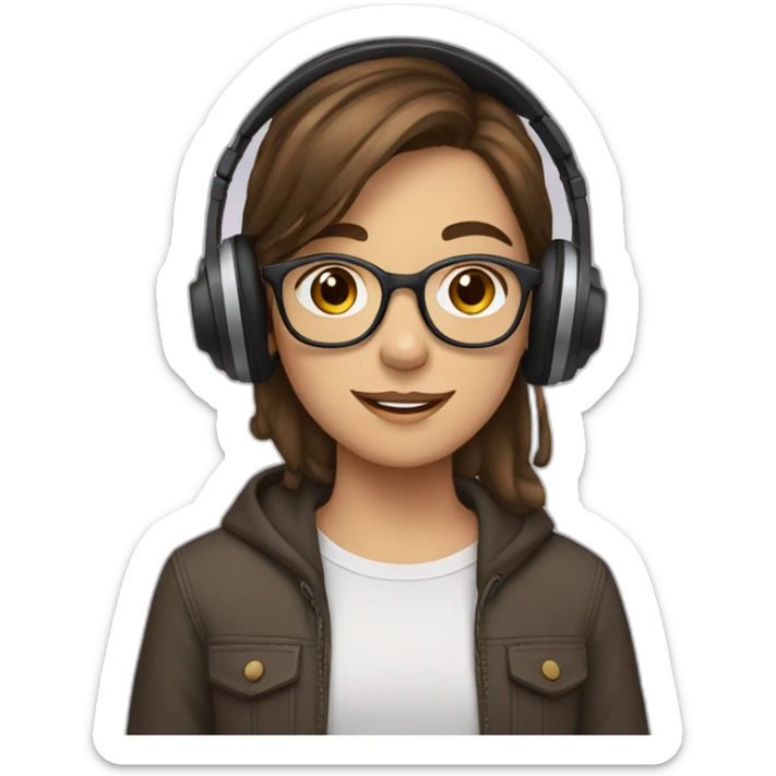 Teenager with brown hair, with square framed glasses and headphones sticker