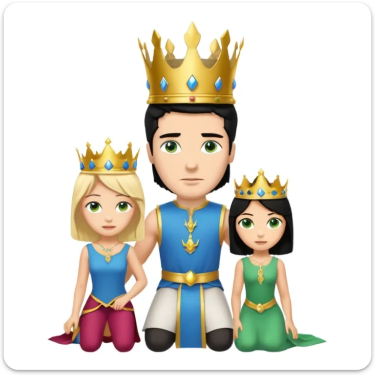 Man as king, standing, black Hair, blue eyes, female Servoamt, blonde, green eyes, shott white sleveless Dress, kneeling, background palace sticker