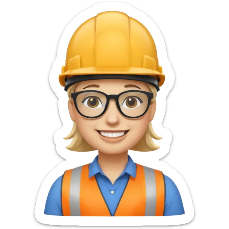 personnage emoji avec casque de chantier, logo SRE sur le casque, lunettes swag, sourire éclatant, style emoji Apple sticker