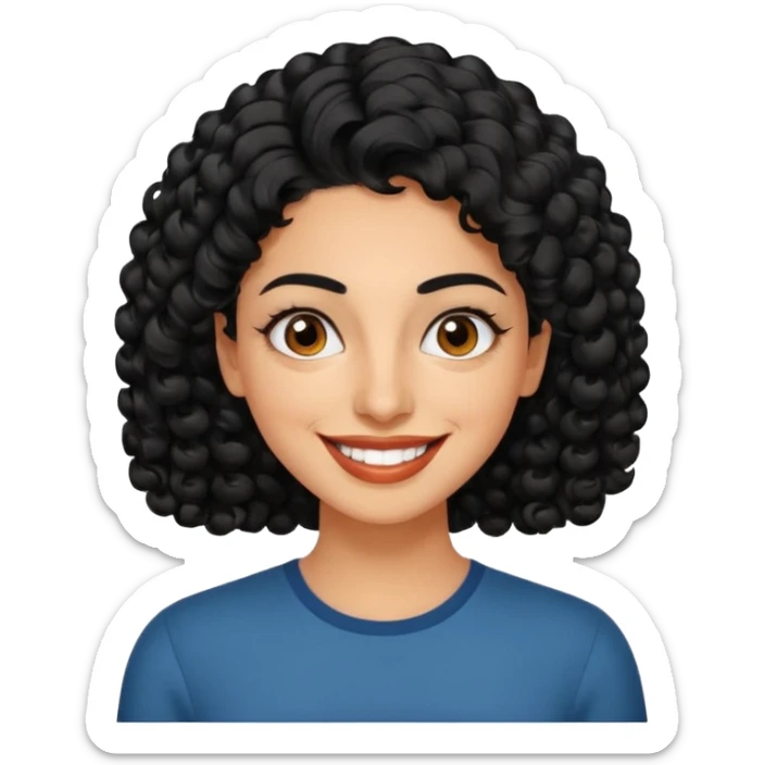 30 year old iranian woman very short curly black hair, big brown eyes, tanned skin, big smile, white teeth, pretty, stylish, shorter hair, man length hair sticker