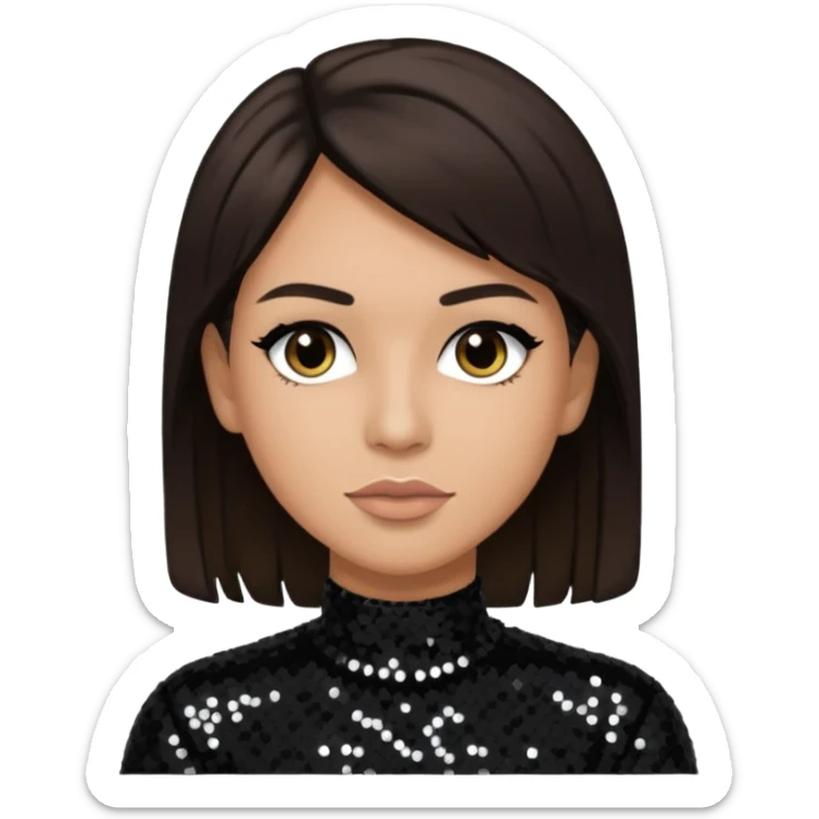 Frankie Zulferino, Pop Singer (b.1990) with dark brown hair, black sequin outfit, light tan skin sticker