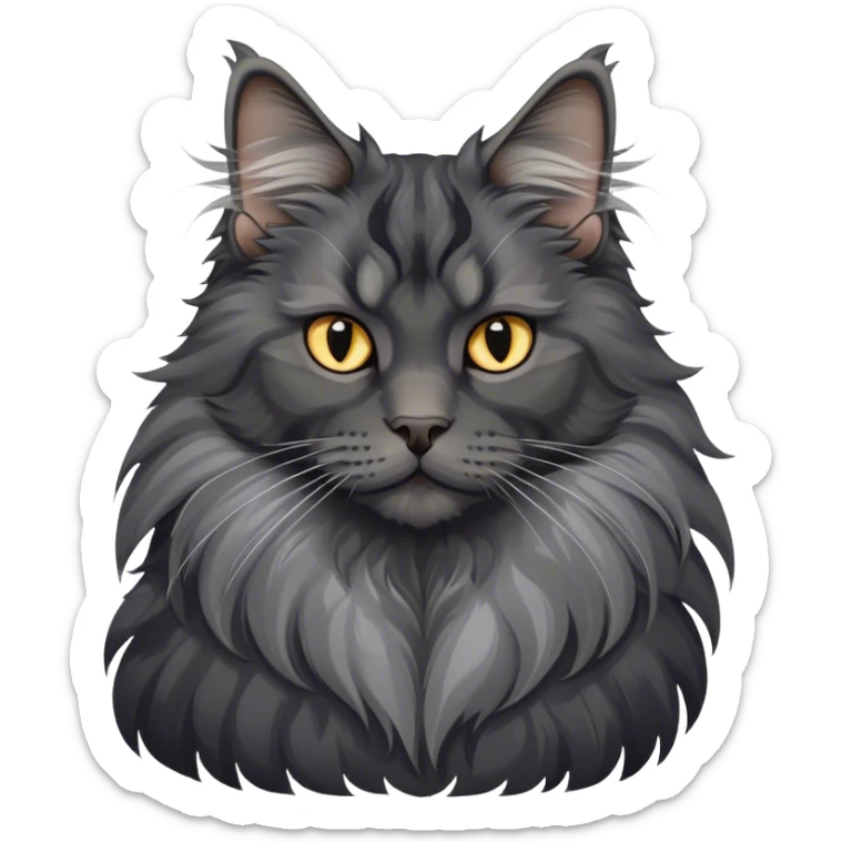 Portrait of a black smoke Maine Coon cat with long grey ear tufts and a large grey ruff around its neck. The cat has a majestic expression, with fluffy fur and striking eyes. Transparent background. sticker