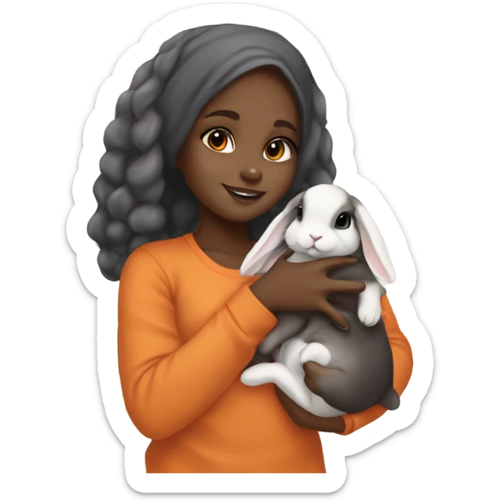 Black Muslim girl holding her 3 cute orange, gray, and mix colored holland lop bunnies sticker