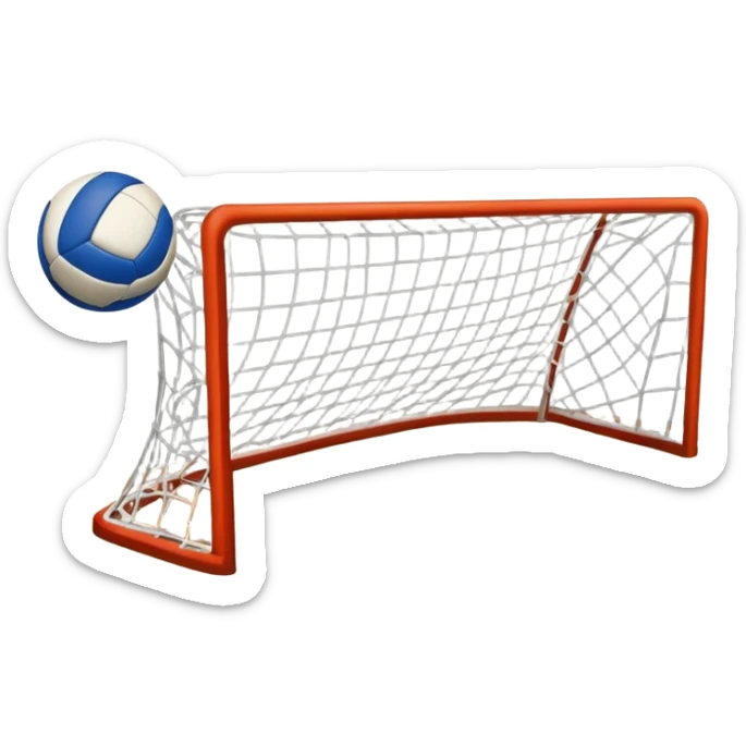 A handball thrown towards the goal by close-up hand, with the goalposts and court lines in the background. The scene captures the power and precision of the throw, with the net of the goal in focus, emphasizing the dynamic action of the sport. sticker