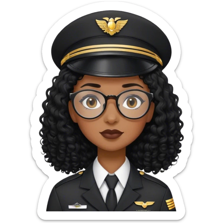 femme pilote d'avion en uniforme noir aux cheveux bouclés noir et petites lunettes arrondis identique avec des cheveux très long et la peau noir mais légèrement plus claire  sticker