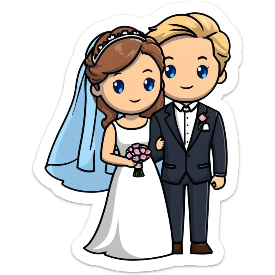 portrait of a bride with light brown hair and grey-blue eyes, and a groom with blonde hair, blue eyes, wearing a brown suit sticker