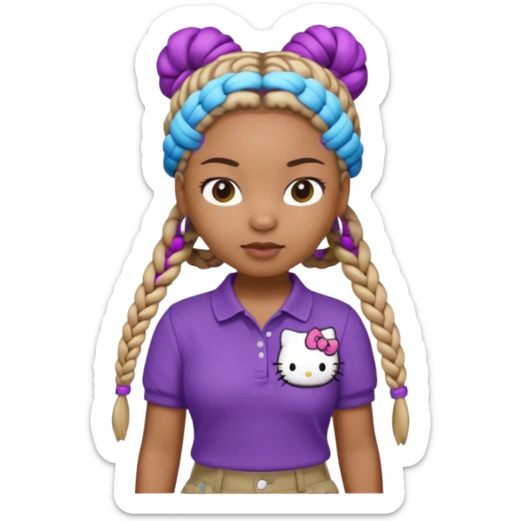 hello kitty wearing purple polo shirt and kyaki pants with long box braids baddie sticker