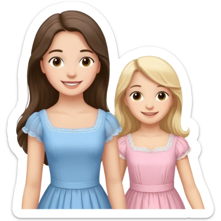 happy long hair brunette girl in light pink dress and blonde girl in light blue dress pride and prejudice sticker