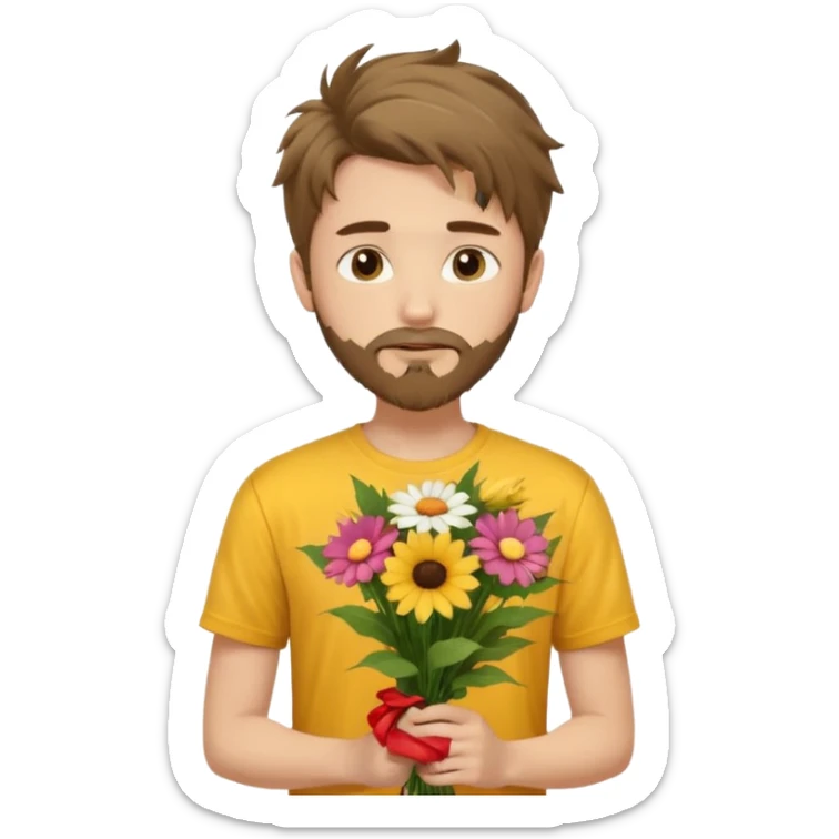 generate an ios genmoji of a 20 year old fair boy with brown long and messy hair with goattee beard on cheeks. carrying a flower bouquet, wearing a yellow tshirt, looking shy.  sticker