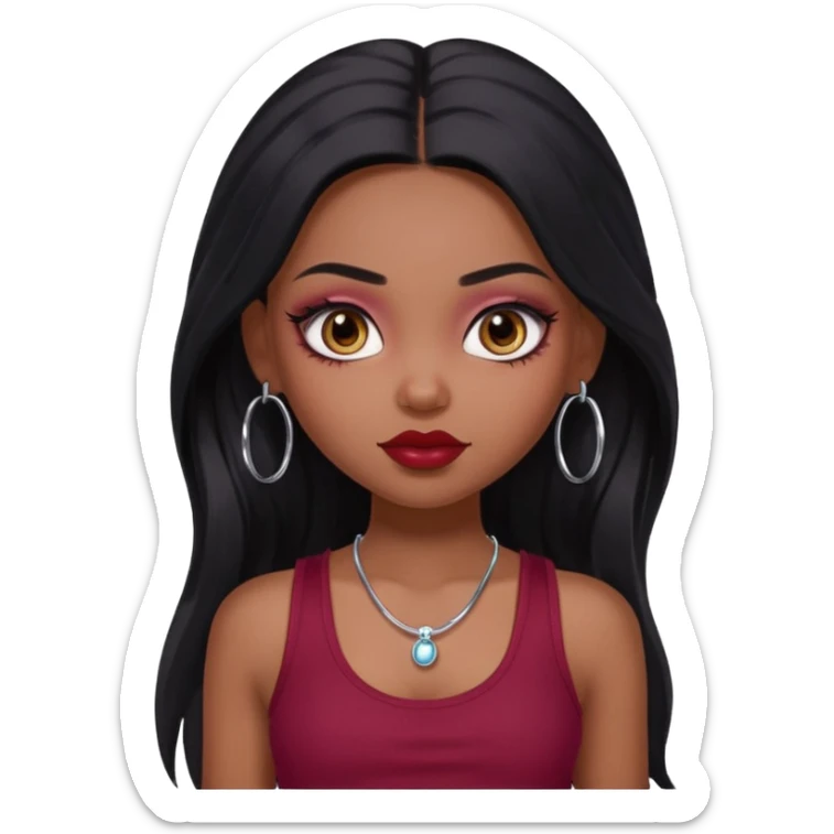 a pretty bratz girl with long black hair, kajal under eyes, small silver hoop. Dark cherry red tank top on.  sticker