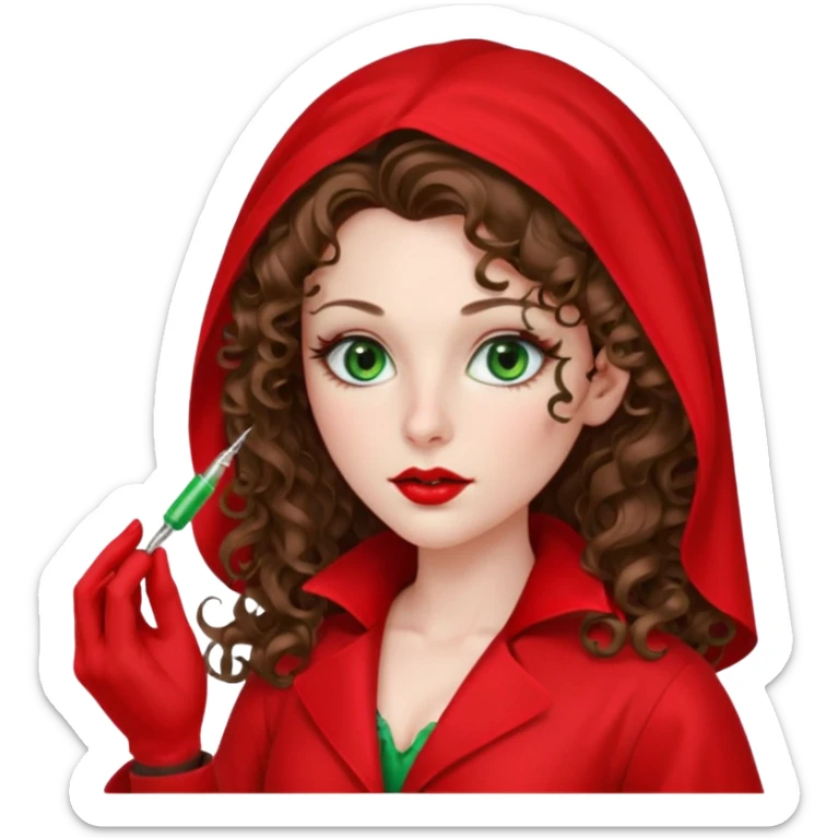 Spanish sexy evil woman. She has green eyes.  had brown long curly hair.  evil surgeon kills with needle wears red sexy doctor coat with red Juliet veil on her mouth and nose to hide and wearing red gloves.  sticker